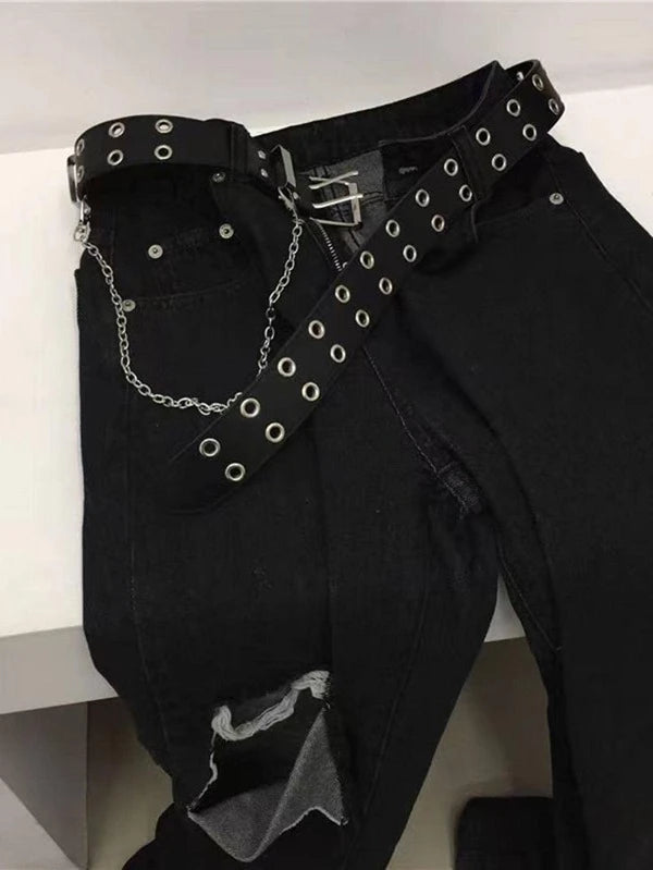 Black Grommet Belt With Chain