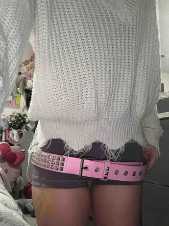 Pyramid Studded Belt White Pink