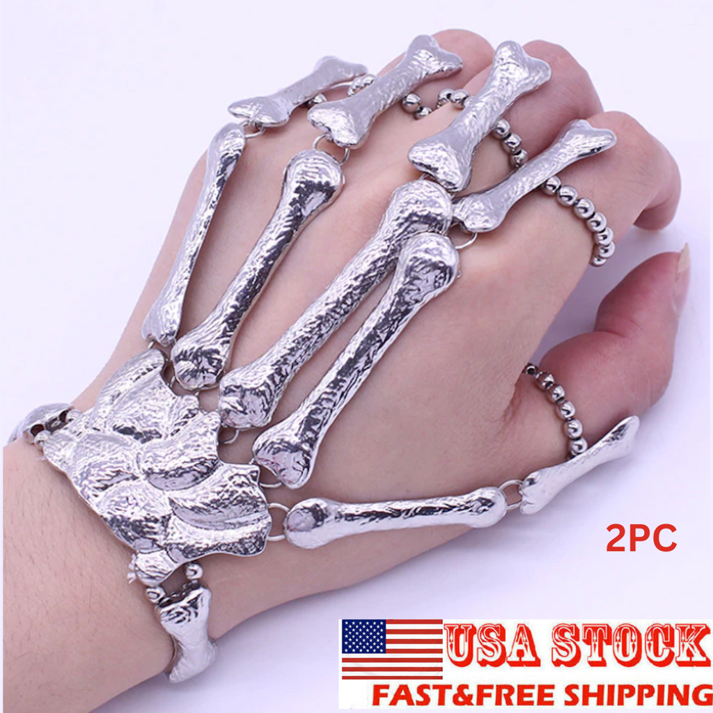 Skeleton Emo Silver Glove Rings Bracelet