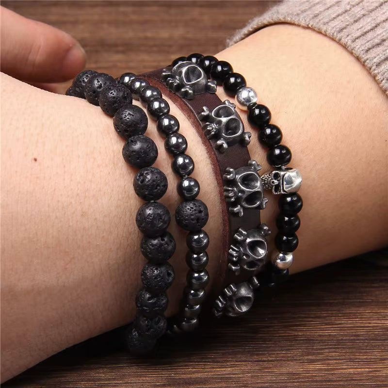 Gothic Skull Bead Bracelet Set