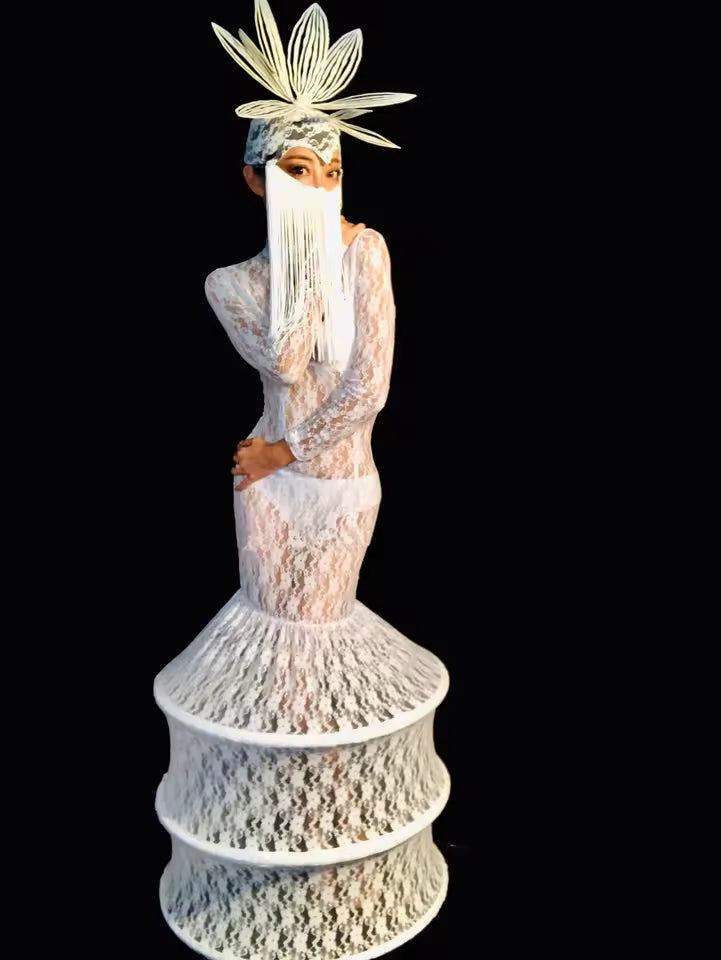 White Lace fringe Mask Dress