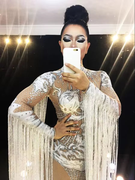White Fringe Sequince Drag Queen Lyrical Costume