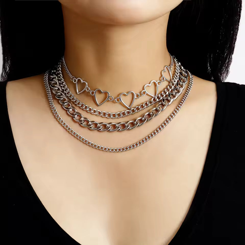 O ring Heart Layered Chain Necklace