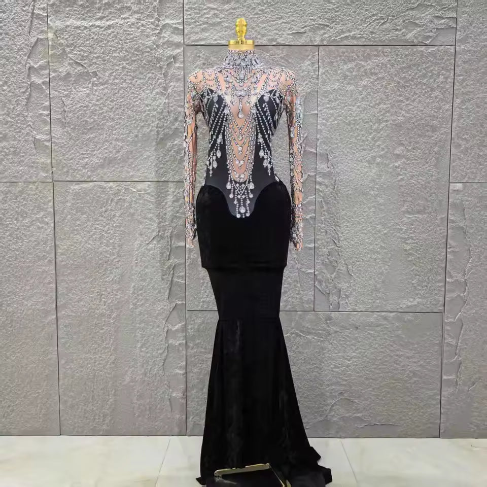 Velvet Black Rhinestone Dress