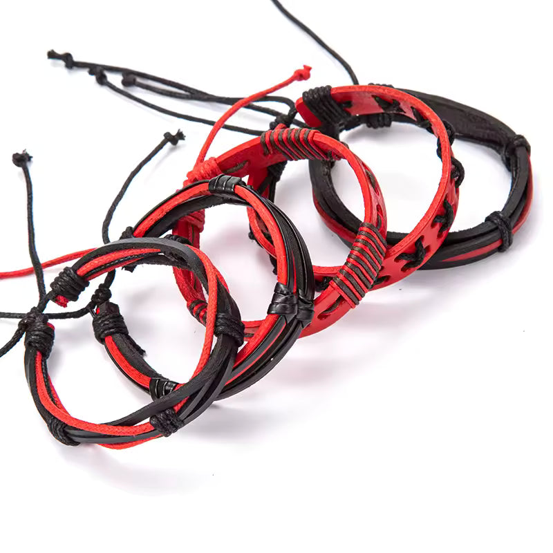 Red & Black Faux Leather Bracelet Set