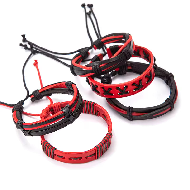 Red & Black Faux Leather Bracelet Set