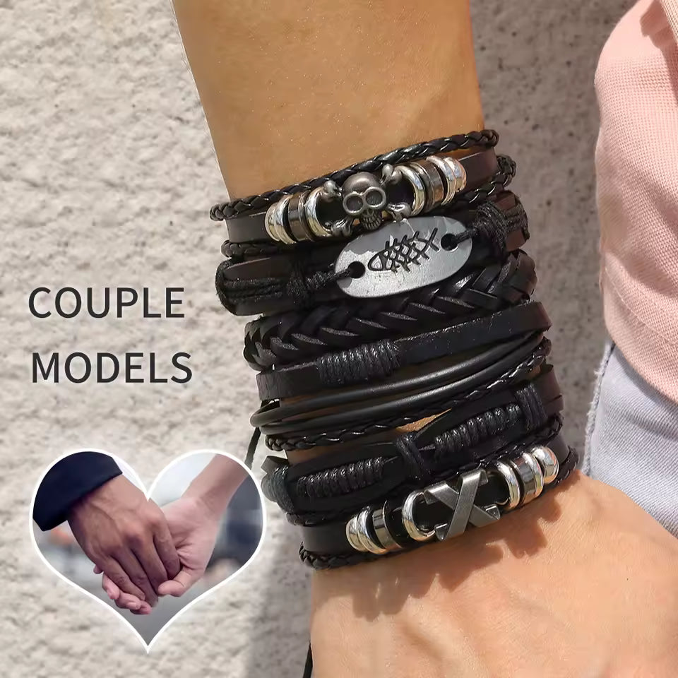 Gothic Punk Rock Leather Bracelet Set