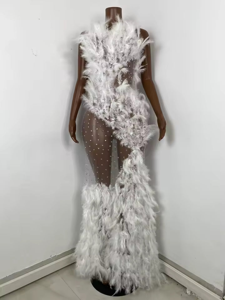 Drag Queen White Feather Dress