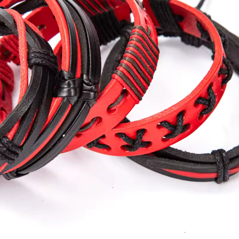 Red & Black Faux Leather Bracelet Set