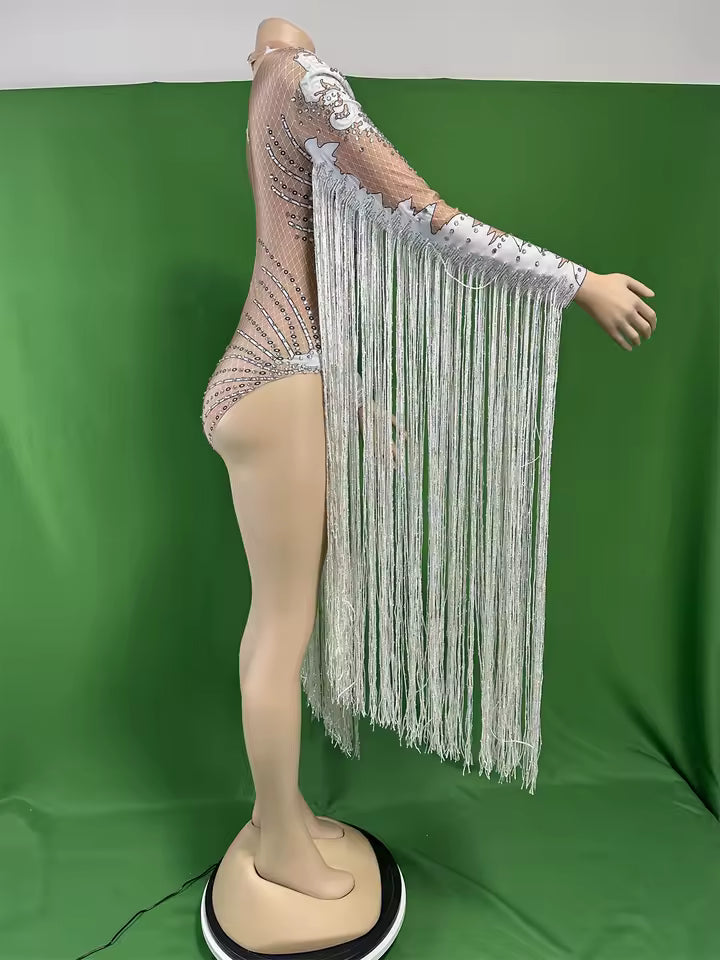 White Fringe Sequince Drag Queen Lyrical Costume