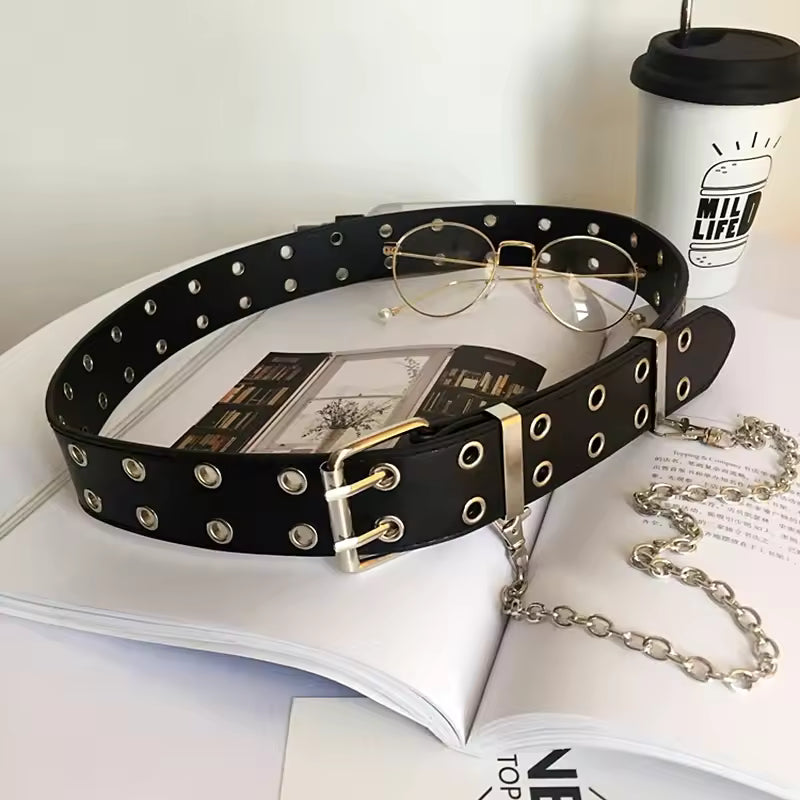 Black Grommet Belt With Chain