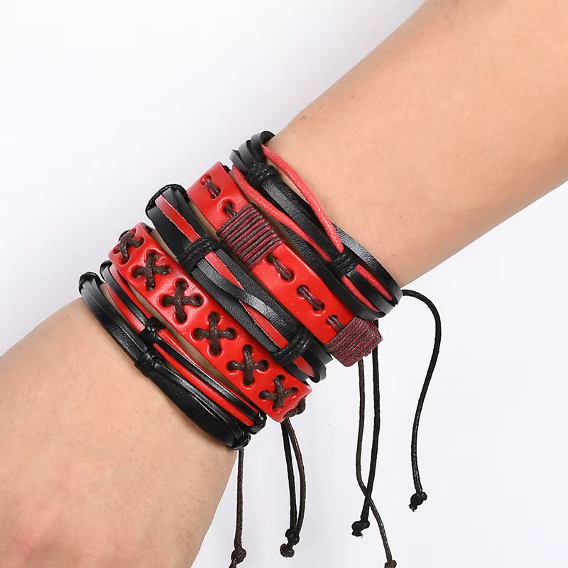 Red & Black Faux Leather Bracelet Set