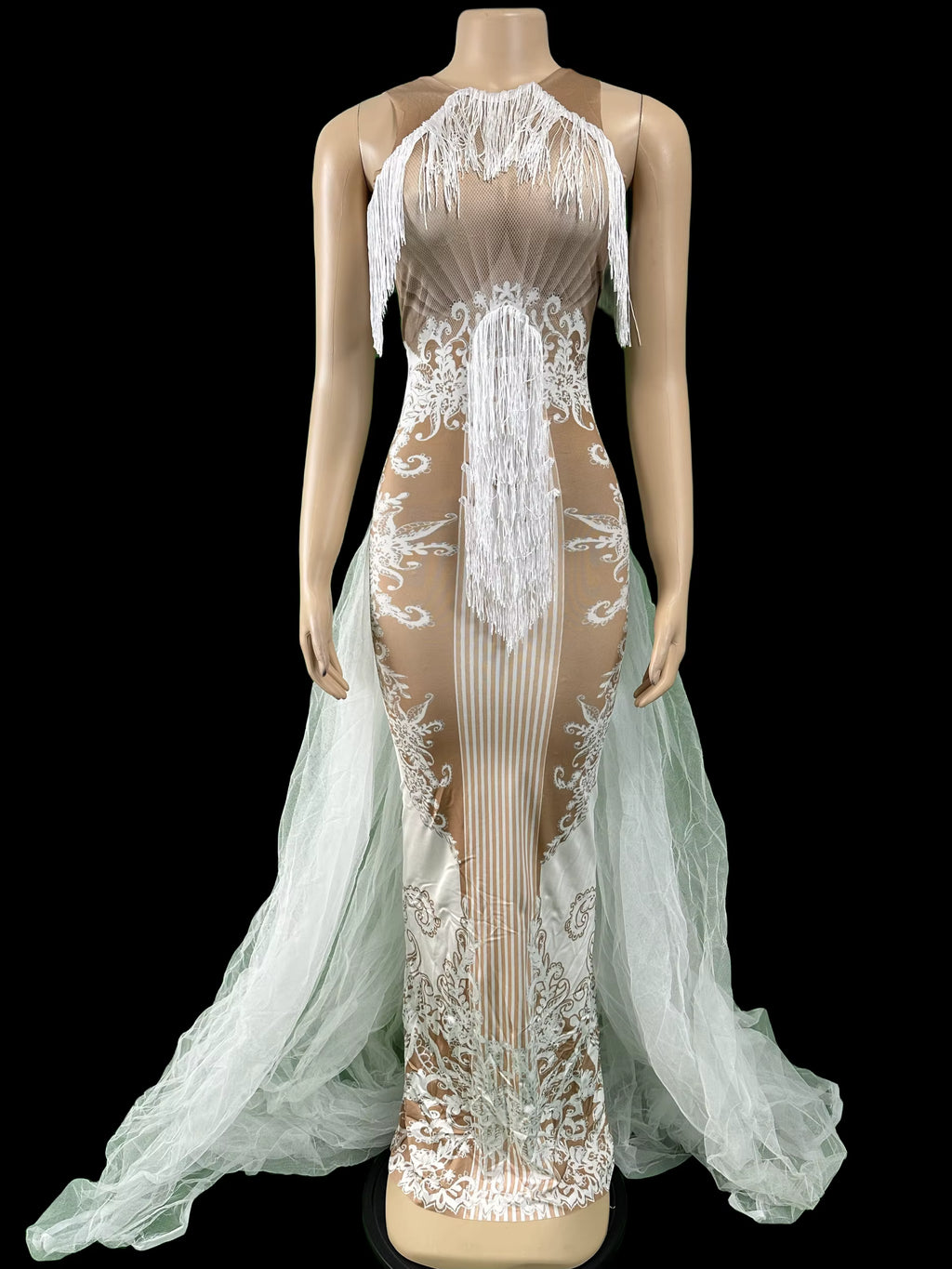 Sheer White Train Drag Queen Dress