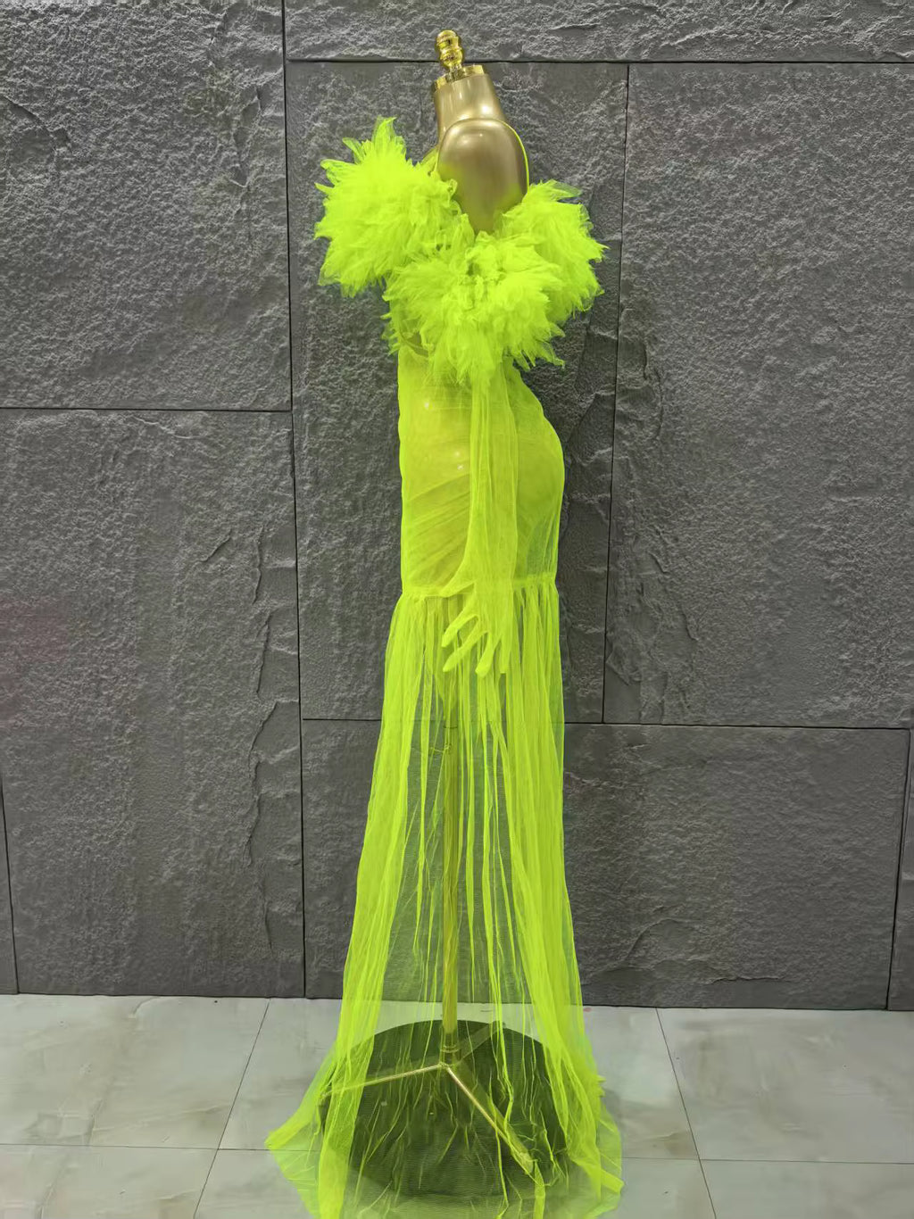 Sheer Neon Dress With Gloves