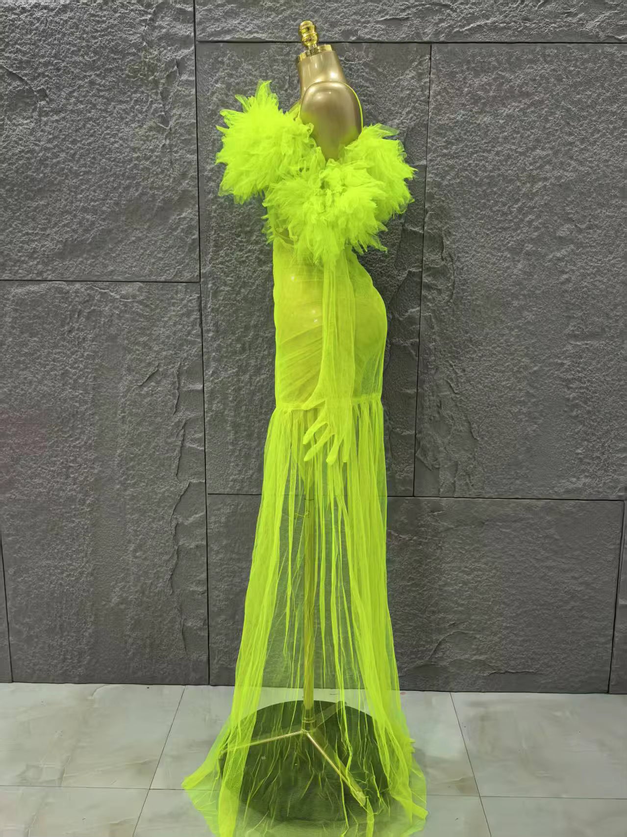 Sheer Neon Dress With Gloves