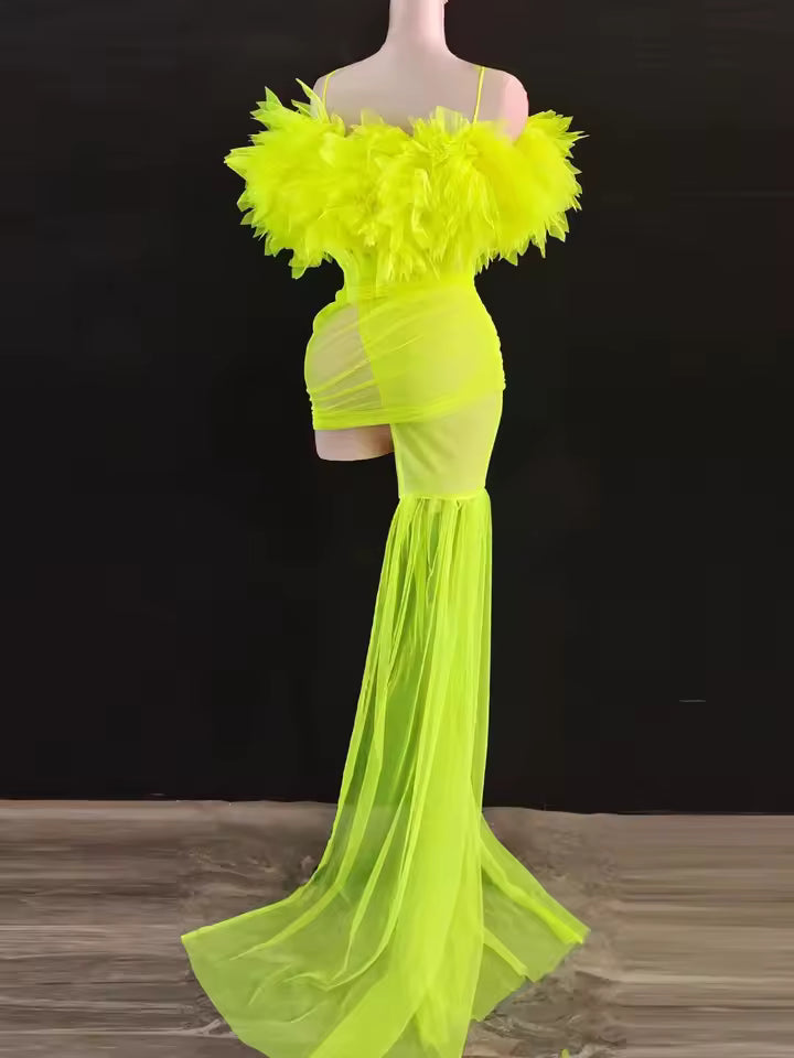 Sheer Neon Dress With Gloves