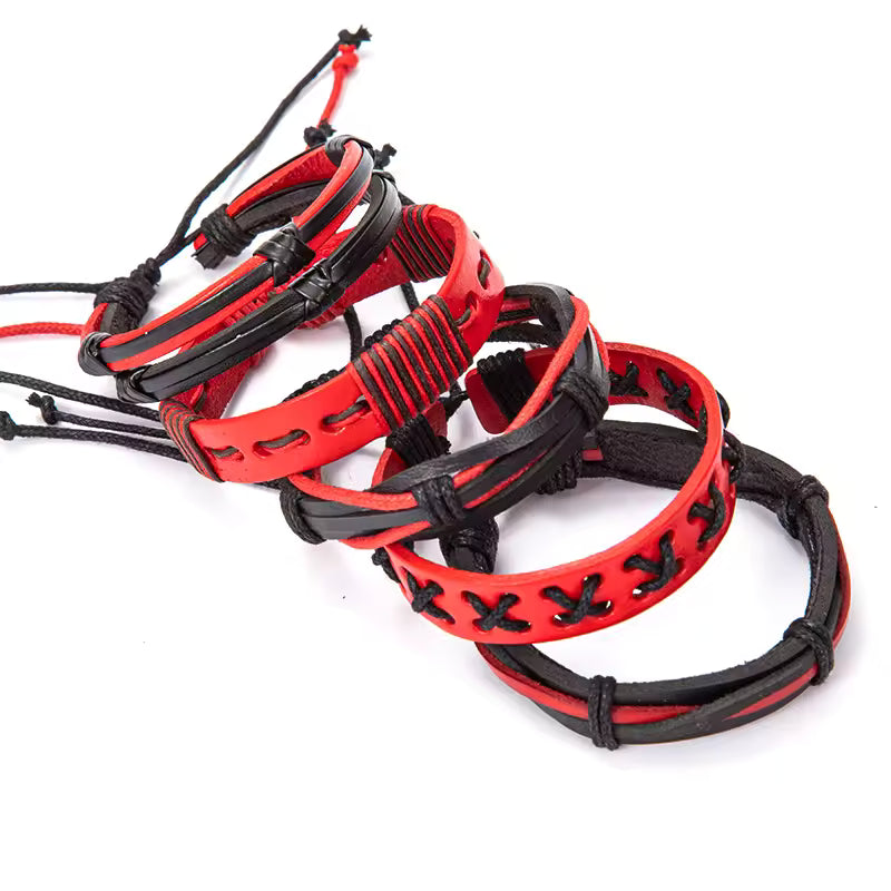 Red & Black Faux Leather Bracelet Set