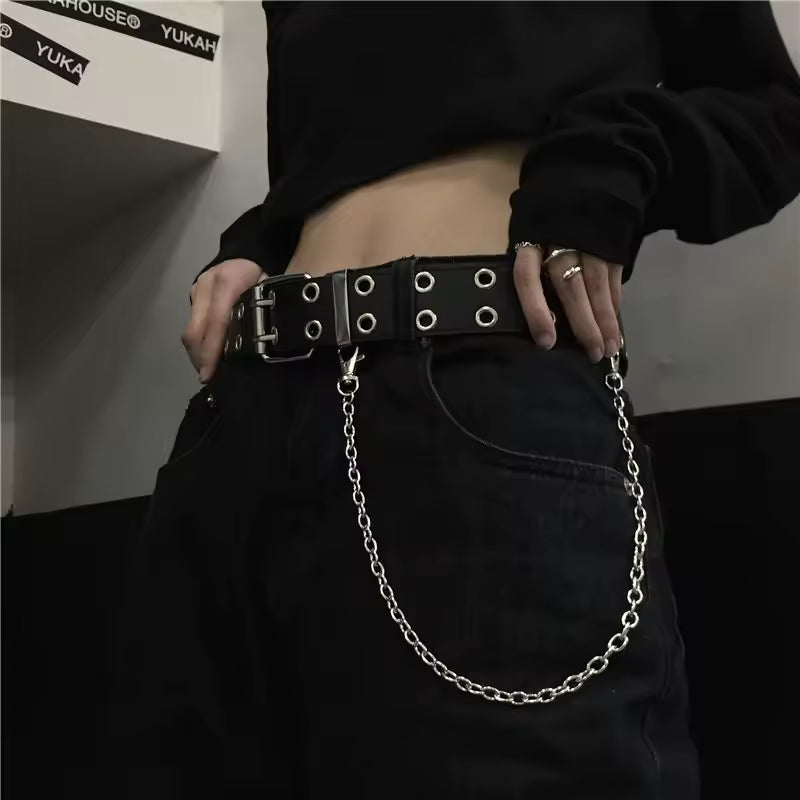 Black Grommet Belt With Chain