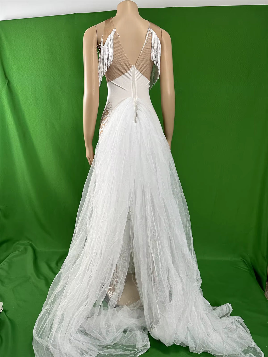 Sheer White Train Drag Queen Dress