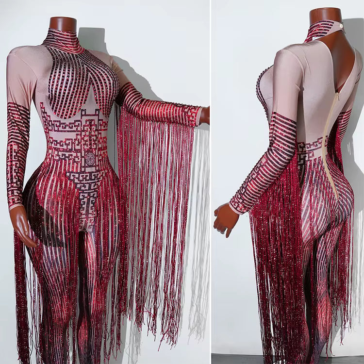 Red Fringe Sequince Drag Queen Lyrical Costume