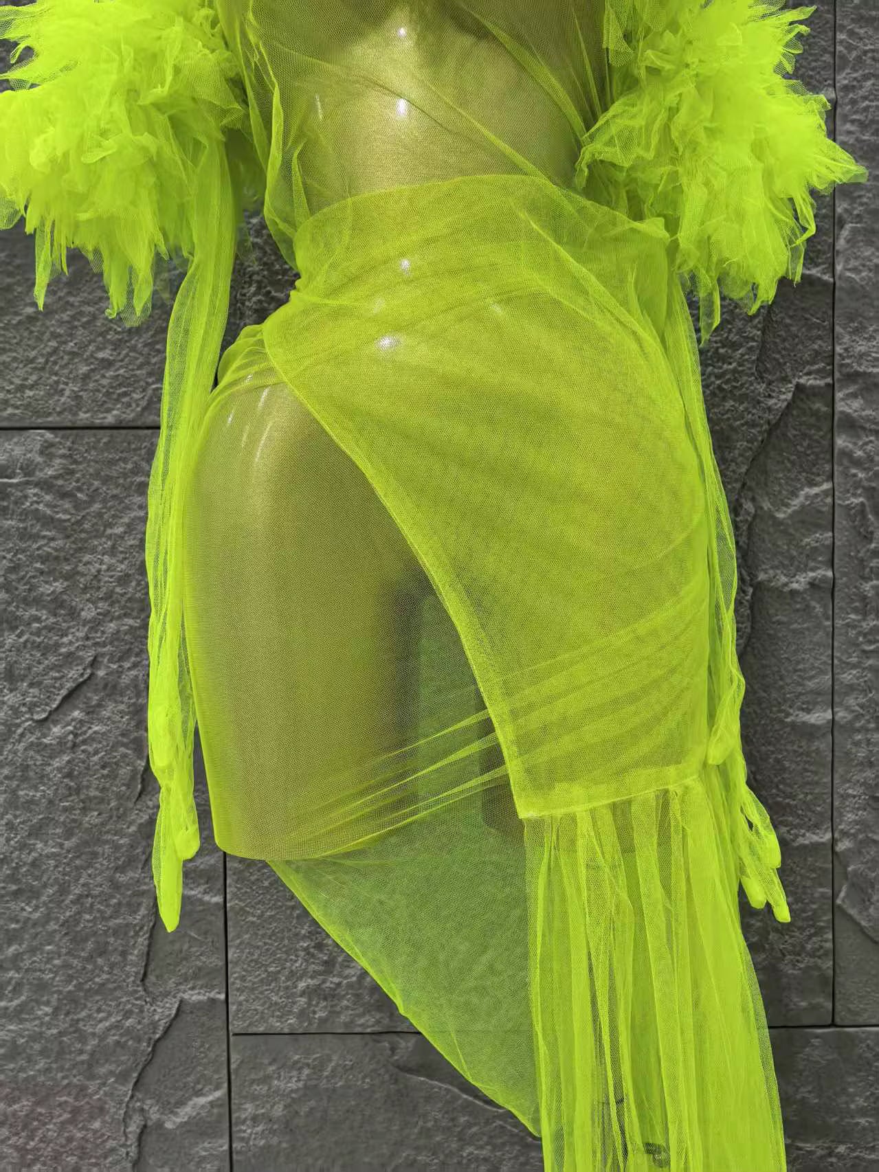 Sheer Neon Dress With Gloves