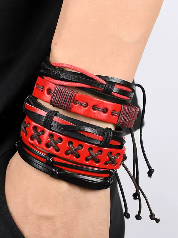 Red & Black Faux Leather Bracelet Set