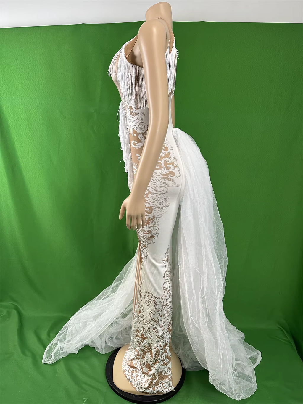 Sheer White Train Drag Queen Dress