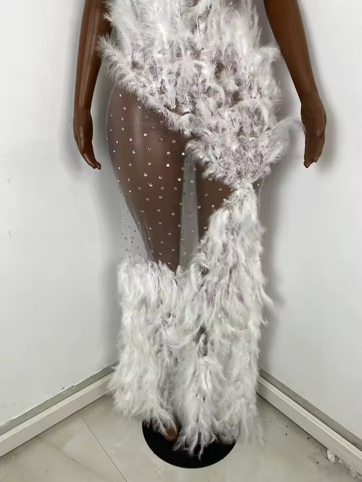 Drag Queen White Feather Dress