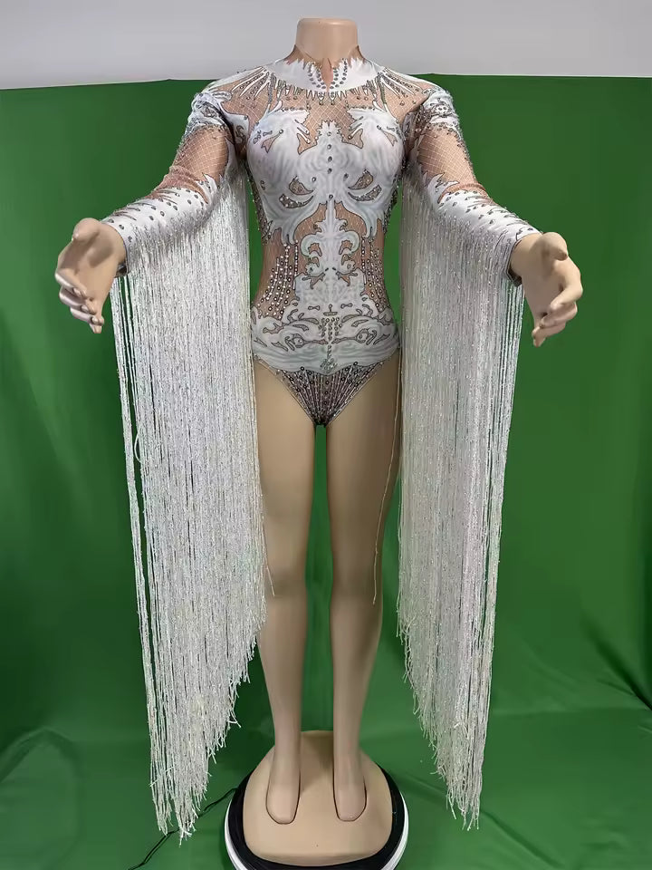 White Fringe Sequince Drag Queen Lyrical Costume