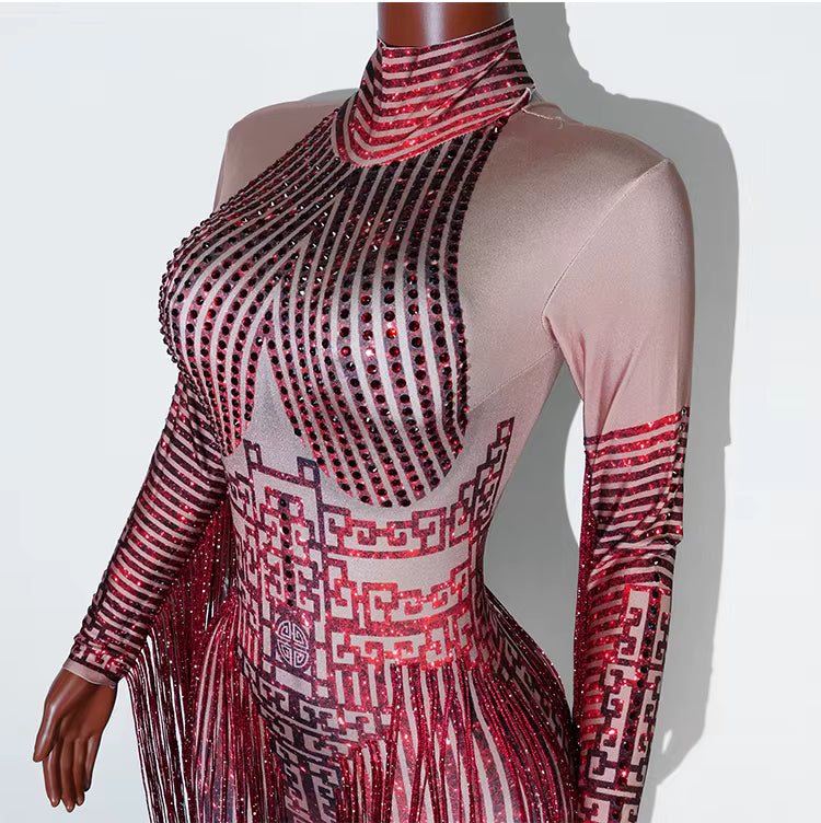 Red Fringe Sequince Drag Queen Lyrical Costume