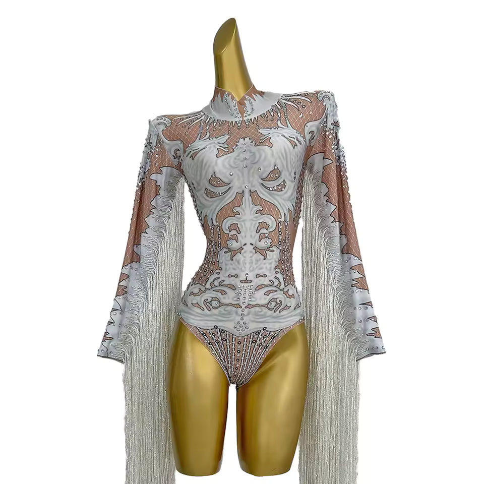 White Fringe Sequince Drag Queen Lyrical Costume