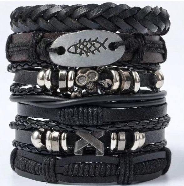 Gothic Punk Rock Leather Bracelet Set
