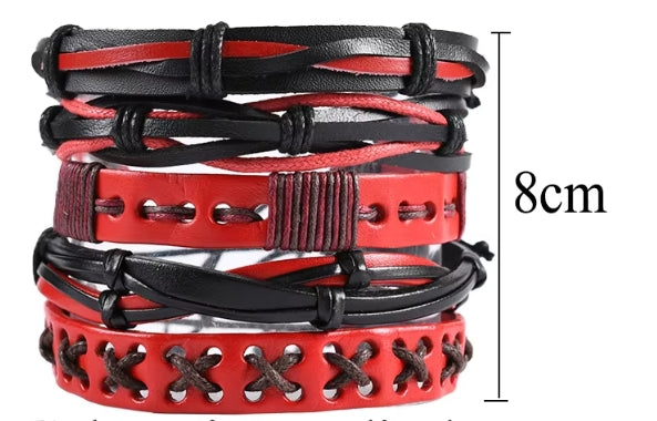 Red & Black Faux Leather Bracelet Set