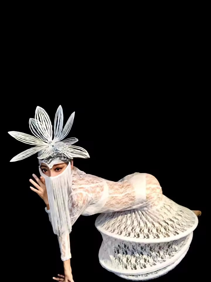 White Lace fringe Mask Dress