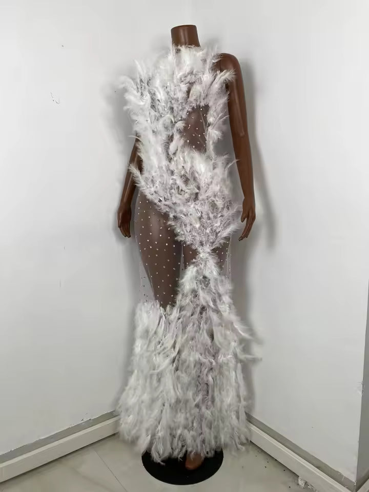 Drag Queen White Feather Dress
