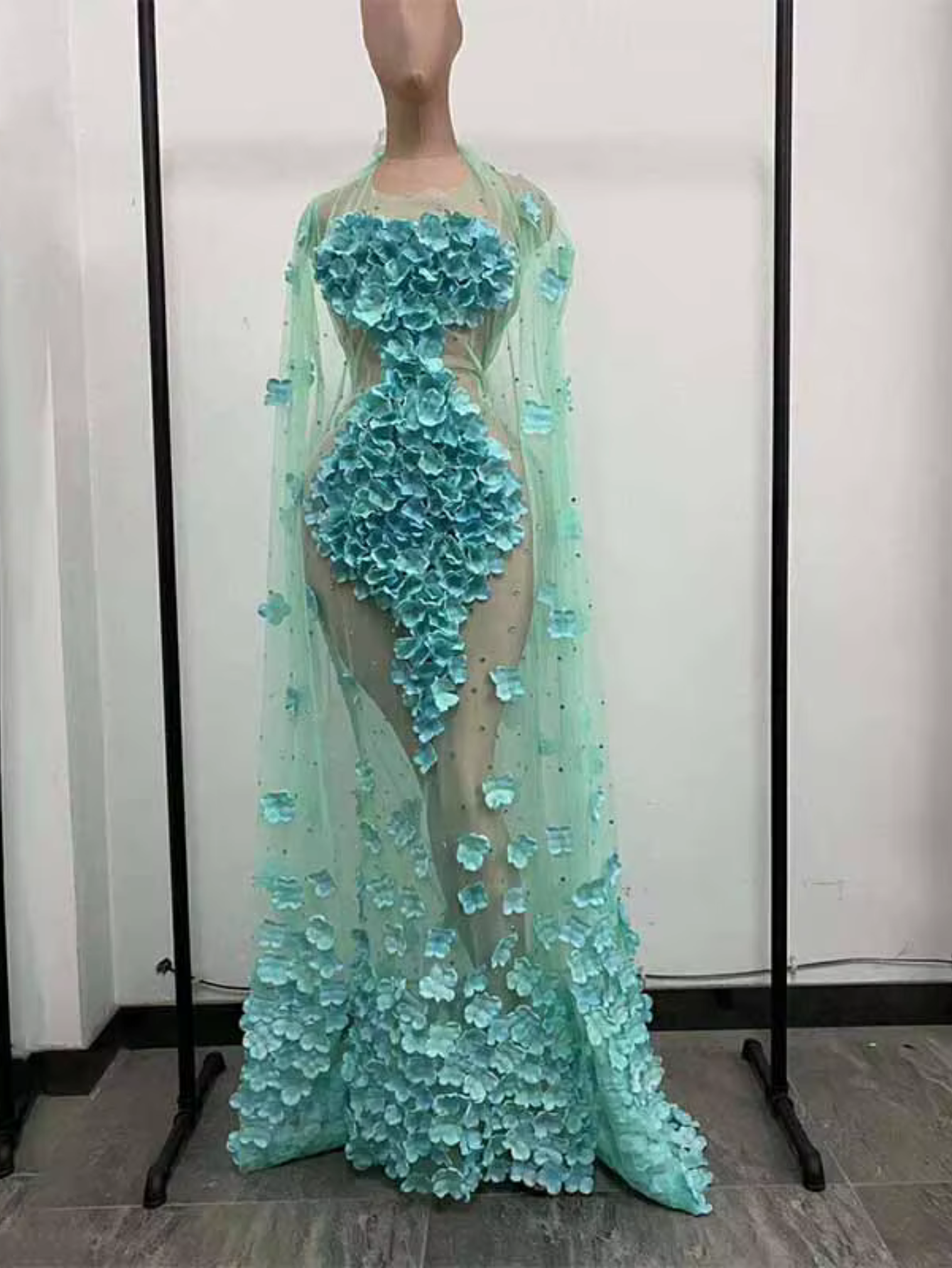 Blue Floral Cap Lace Dress