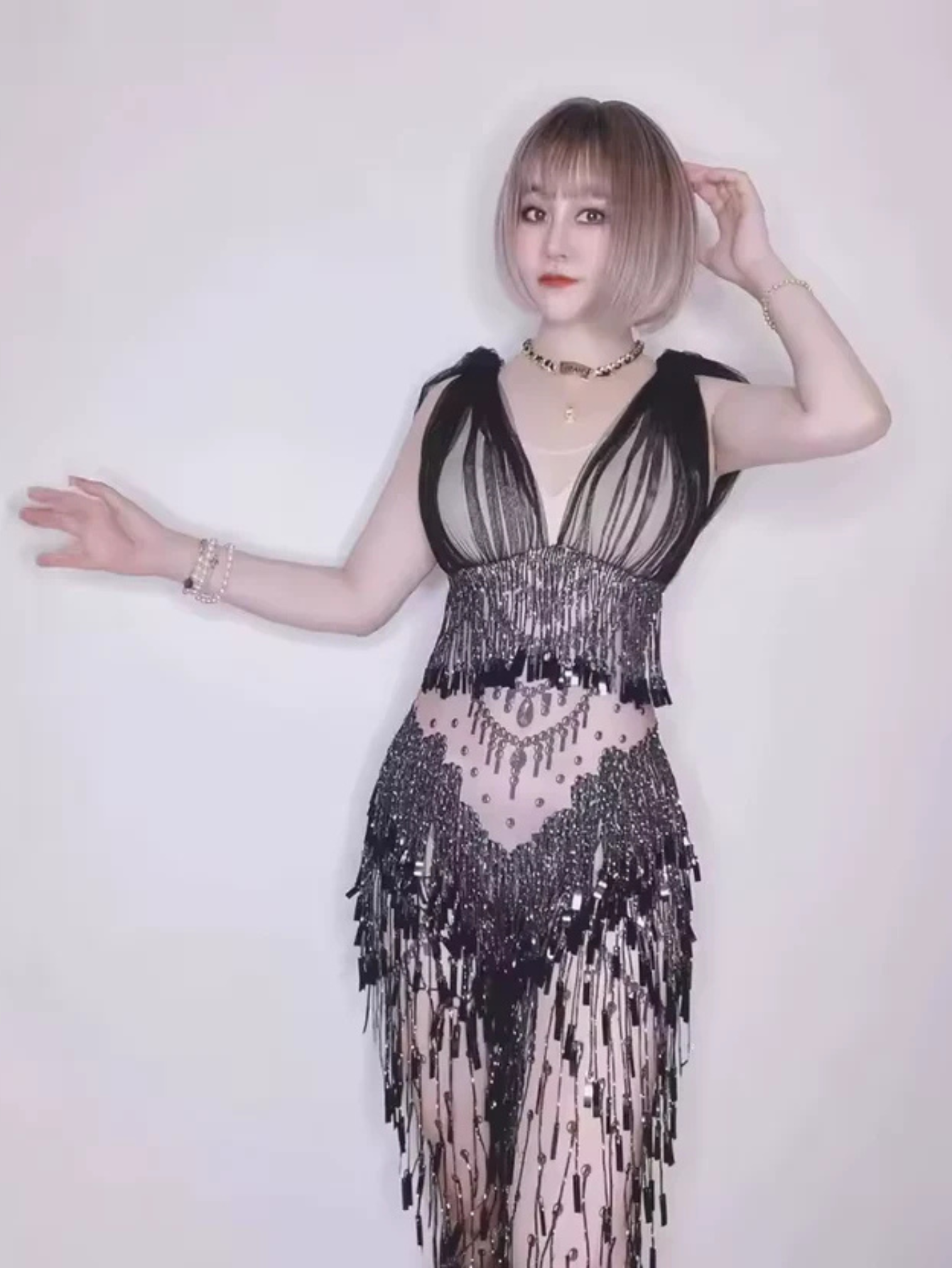 Black Fringe Sequince Drag Queen Lyrical Costume