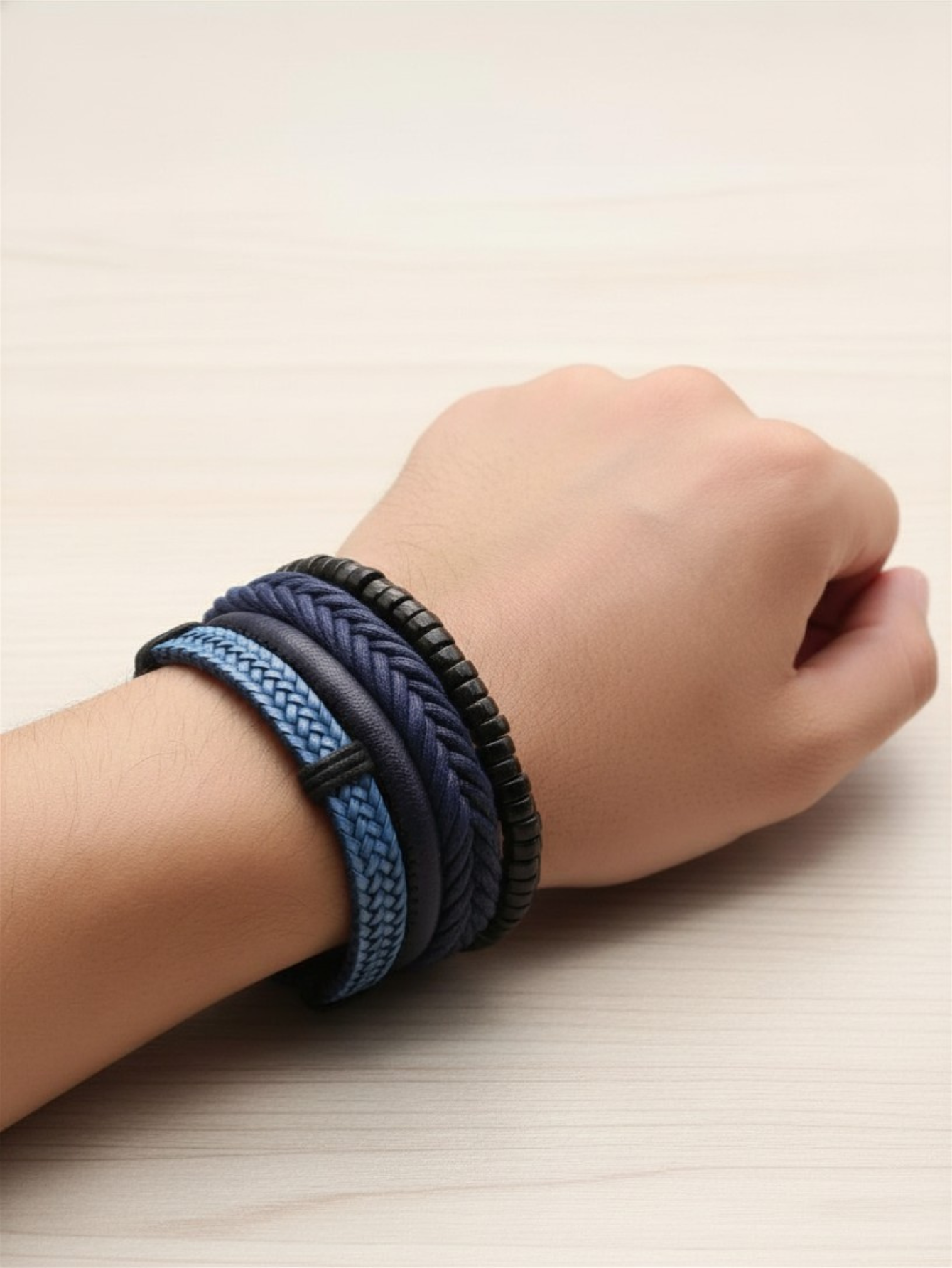Blue Leather Bracelet Set