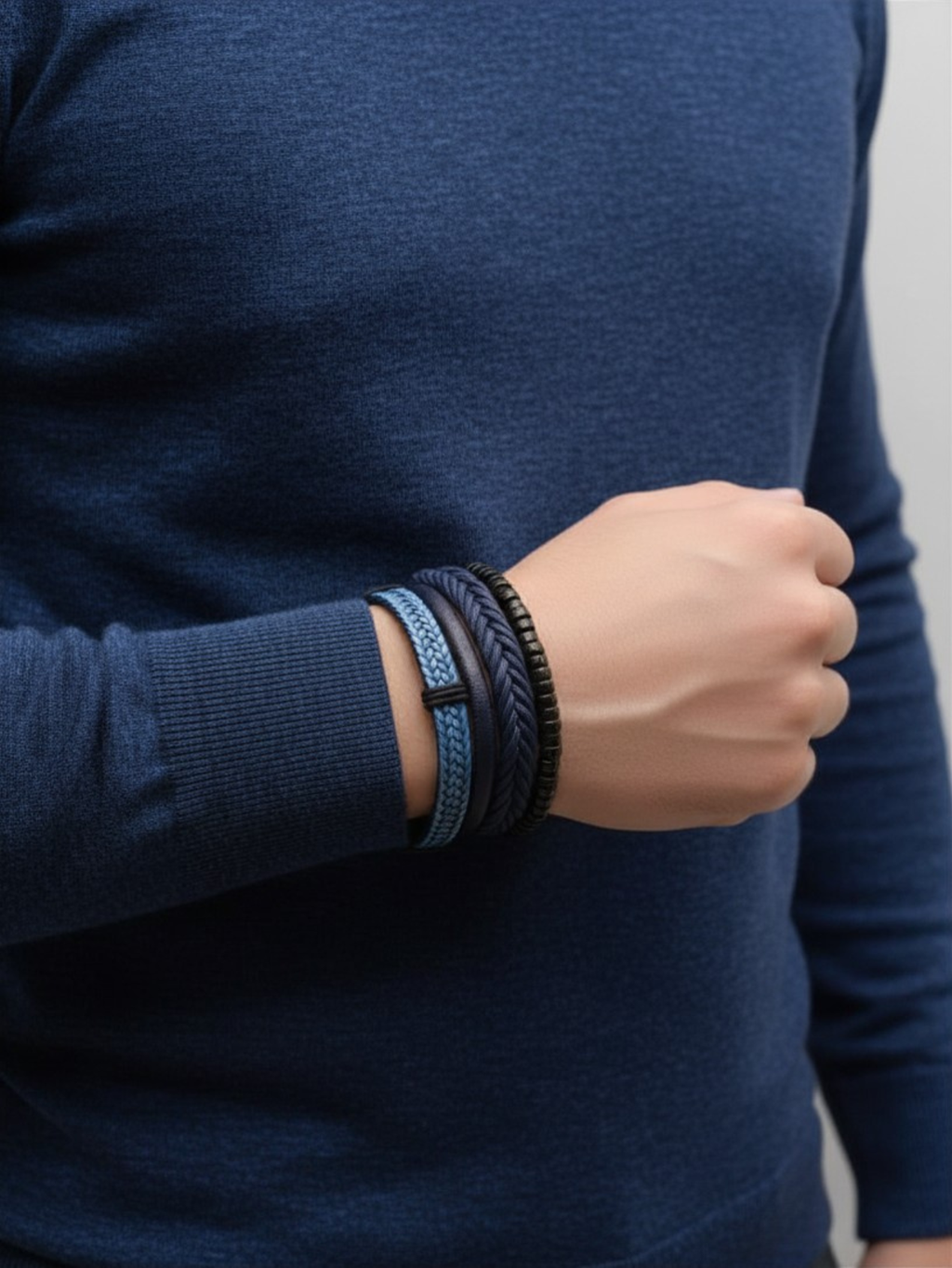 Blue Leather Bracelet Set