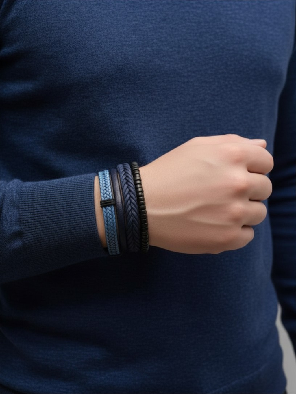 Blue Leather Bracelet Set