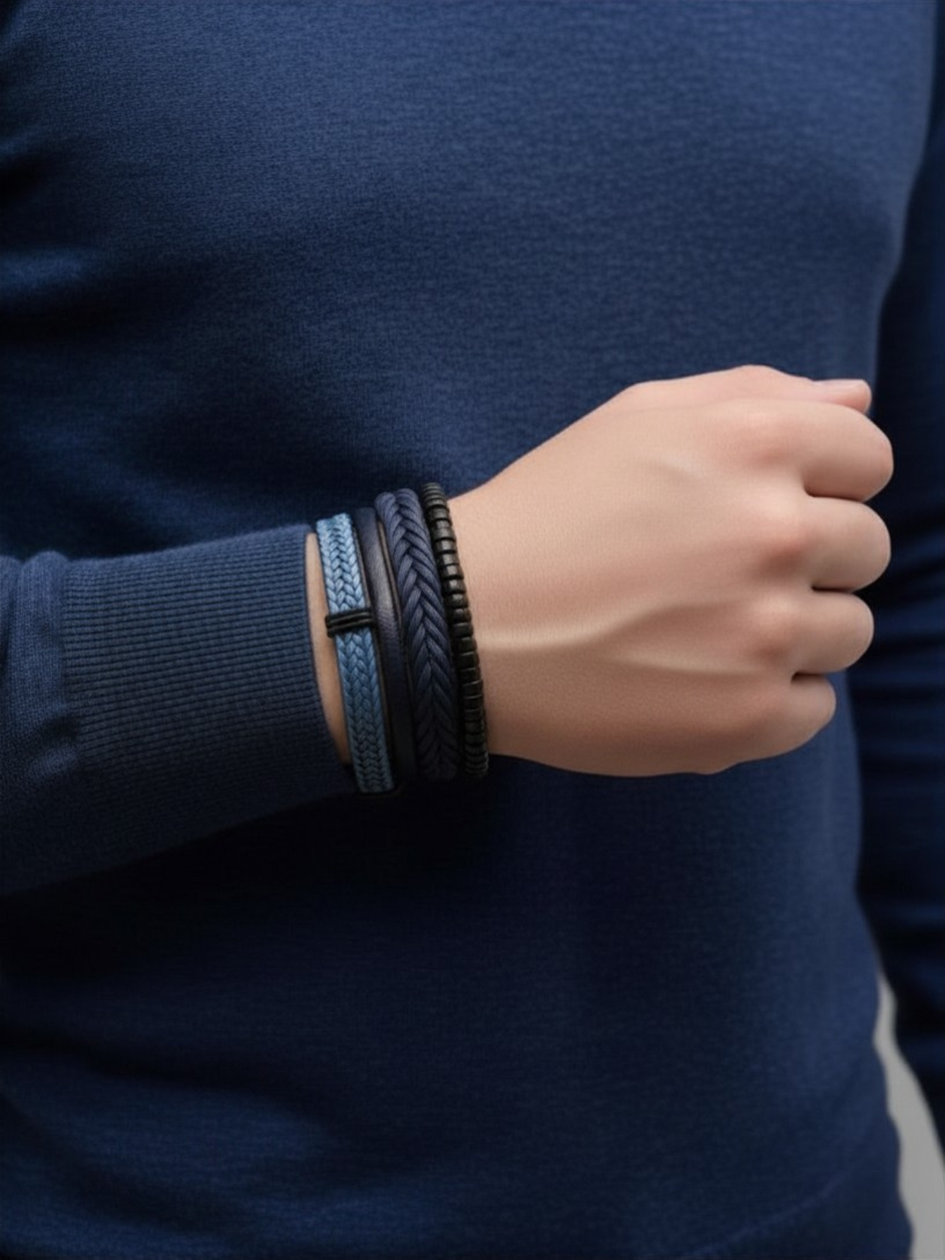 Blue Leather Bracelet Set