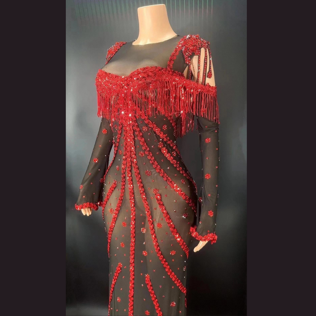 Red Sequin Sheer Dress