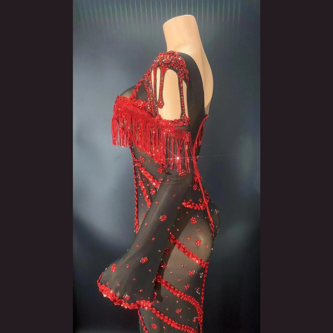 Red Sequin Sheer Dress