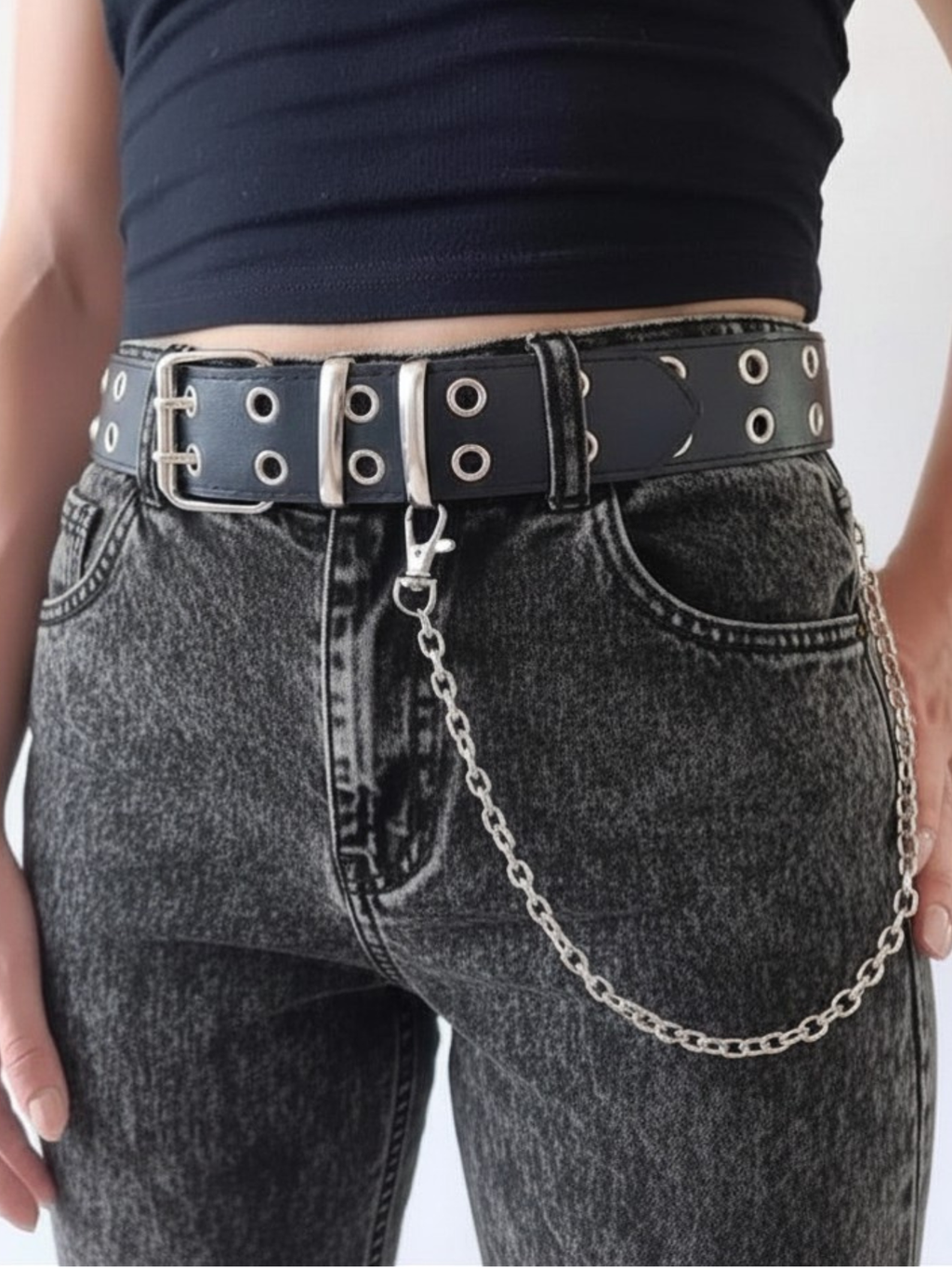 Black Grommet Belt With Chain
