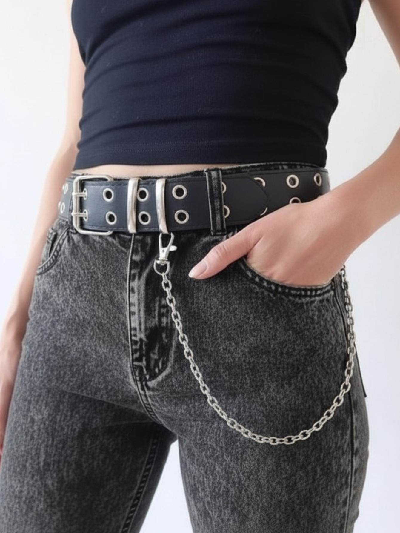 Black Grommet Belt With Chain