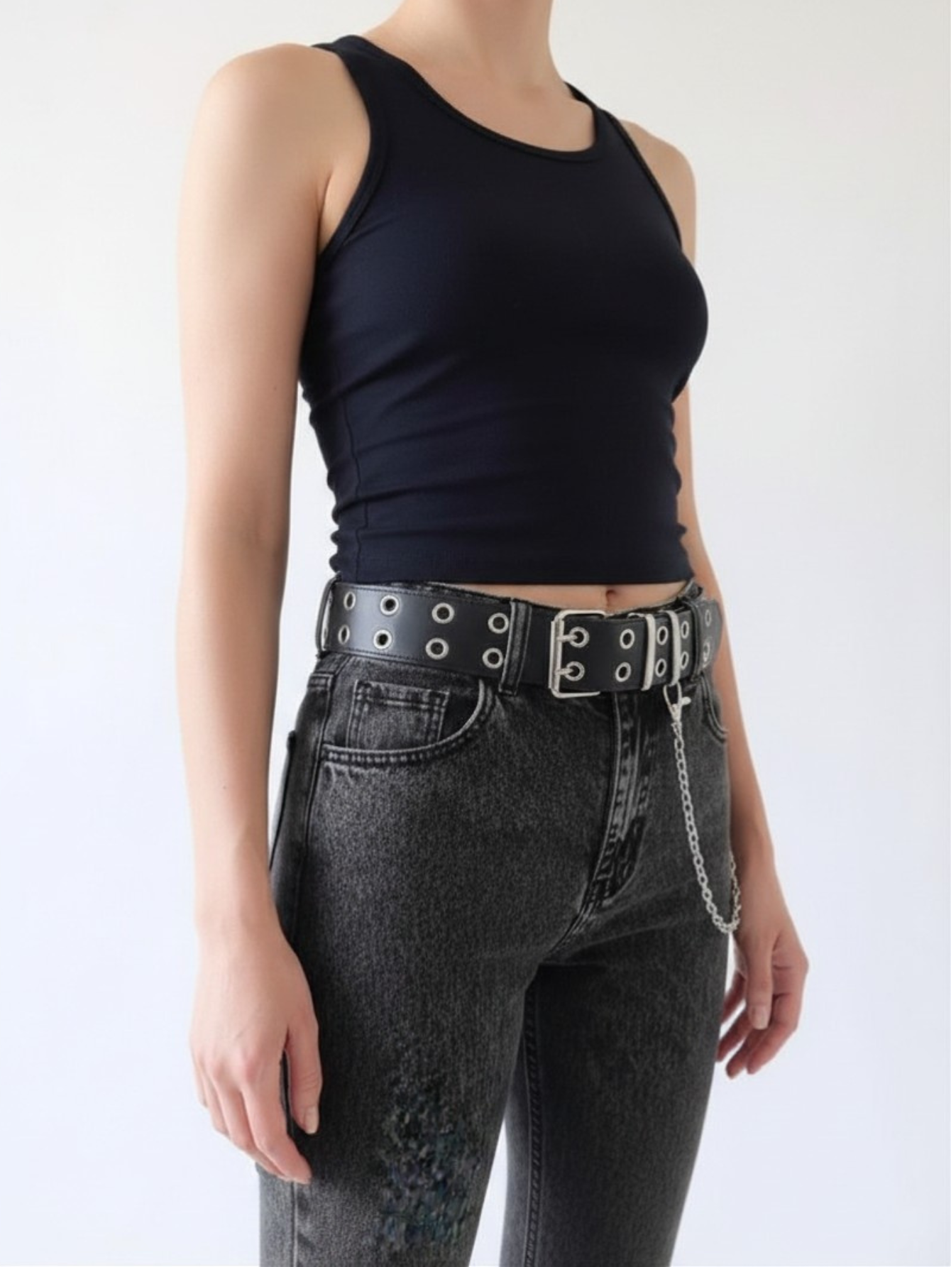 Black Grommet Belt With Chain