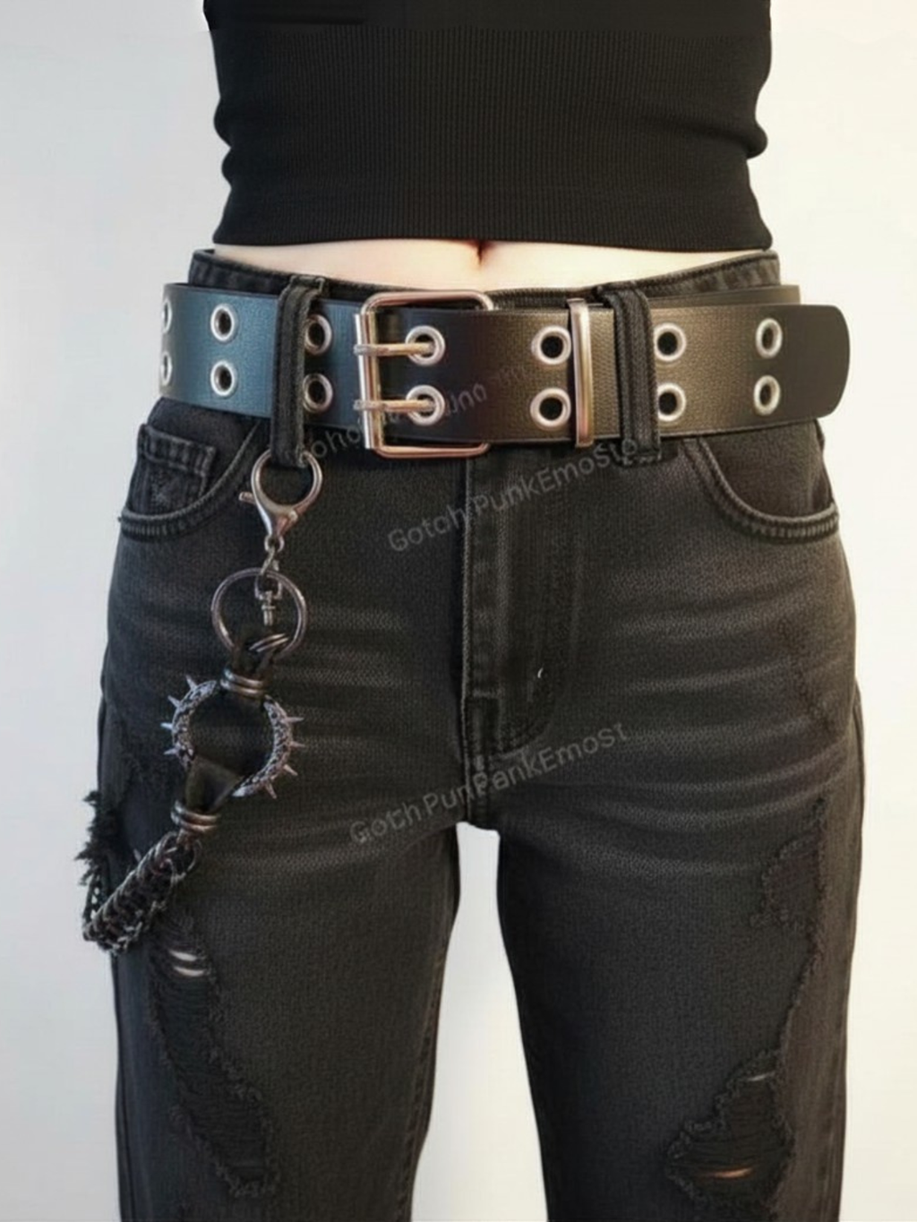 Black Grommet Belt With Chain