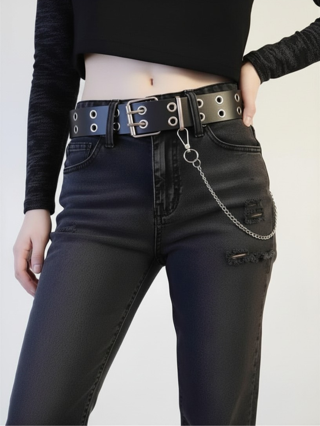 Black Grommet Belt With Chain