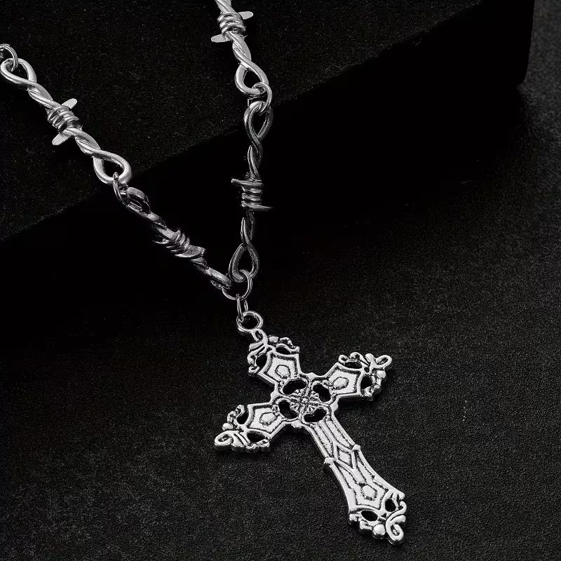 Barbed Wire Cross Chain Necklace