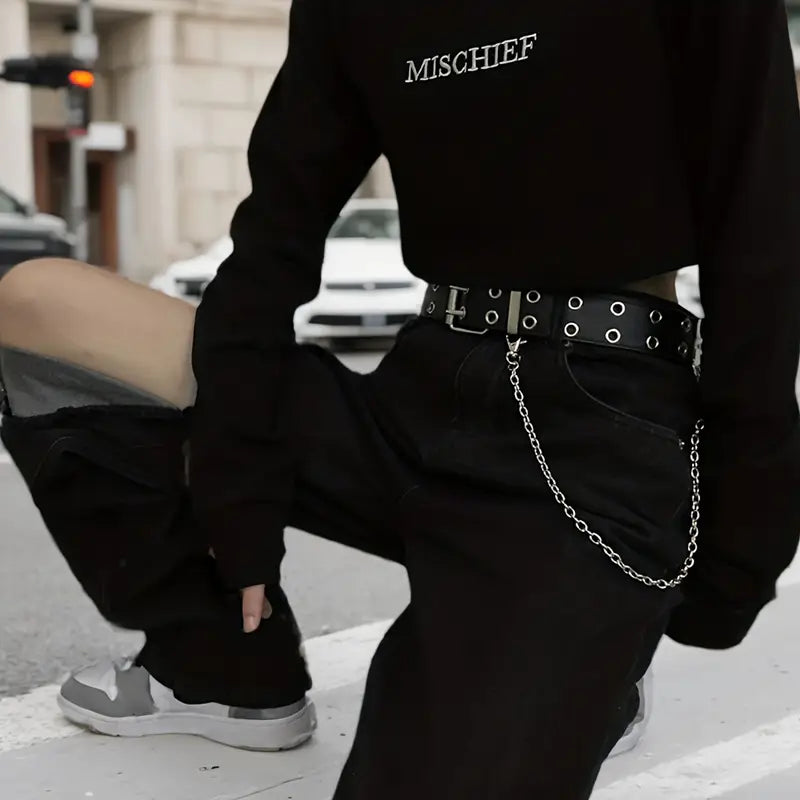 Black Grommet Belt With Chain